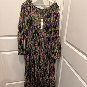 Anthropologie Printed Chiffon Purple Floral Long Sleeve Maxi Dress